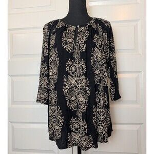 Lucky Brand Tunic Plus Size 1X Black Blouse Top 3/4 Sleeve Boho Flowy